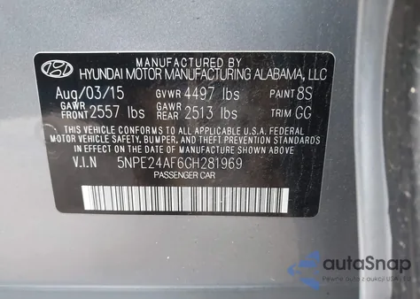 2016 Hyundai Sonata Se z USA, uszkodzony, nr VIN 5NPE24AF6GH281969